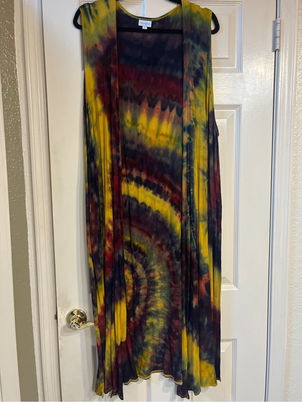 LuLaRoe Tie-Dye Maxi vest in Yellow, Black & Burgundy